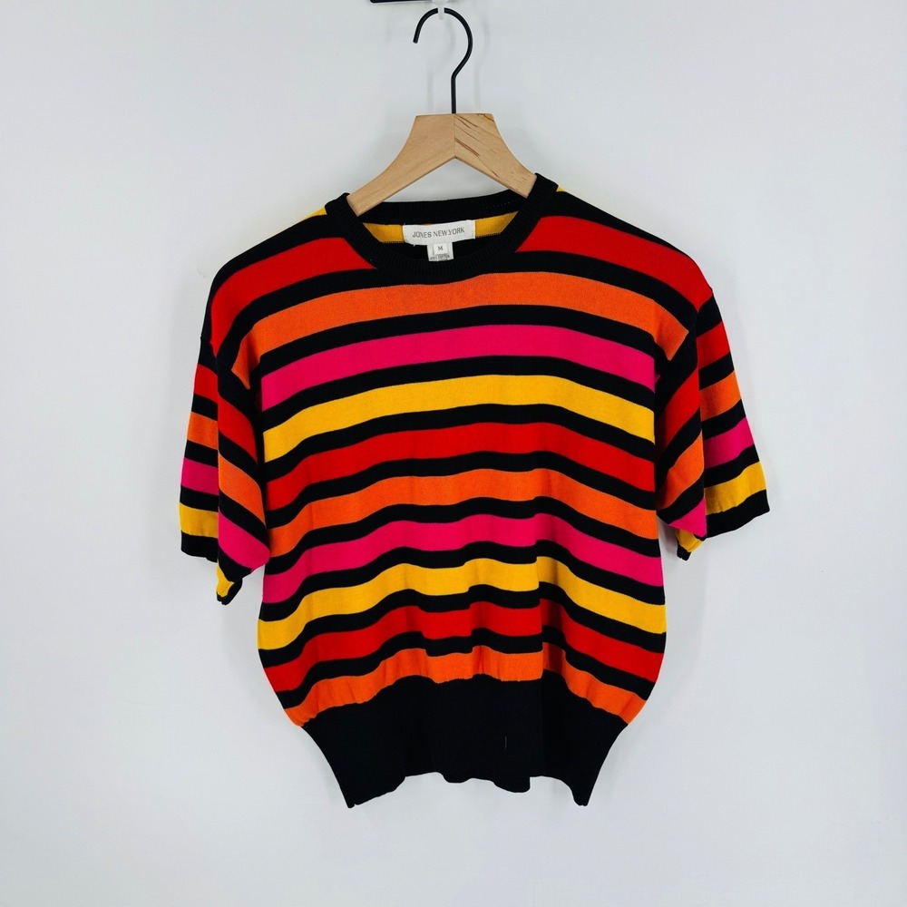 Vintage Jones New York Striped Knit Top Short‎ Sleeve Crew Neck Bold Size M 90s - Picture 6 of 6